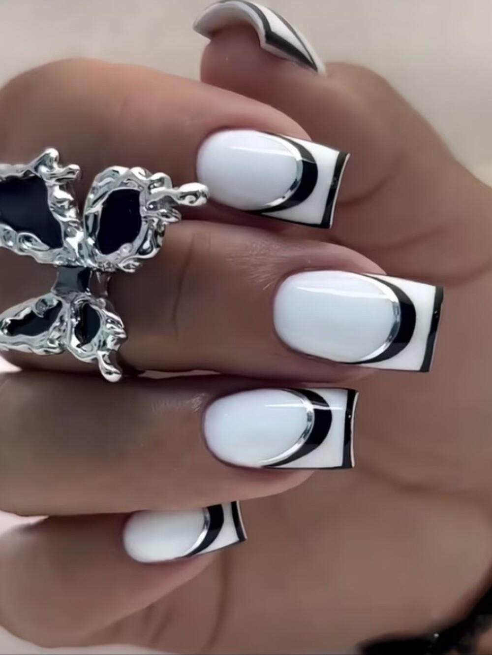 White & Black Accent Press-On Nails - Women Makeup